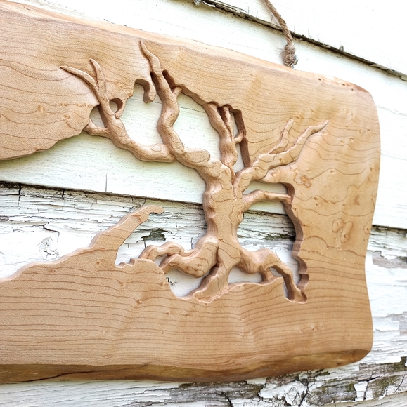 Hand Carved Wood Lake Superior Wall Hanging with Tree - Picture 4 of 6